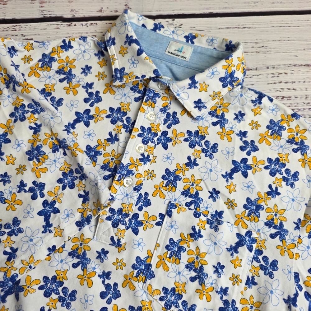 Johnnie-O Hangin Out Bolton Floral Polo Shirt Mens Small White Blue JMPO3570